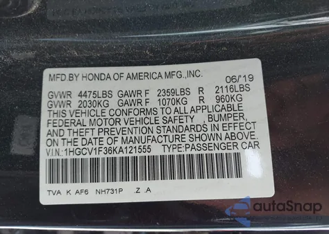 2019 Honda Accord Sport from USA, damaged, VIN 1HGCV1F36KA121555